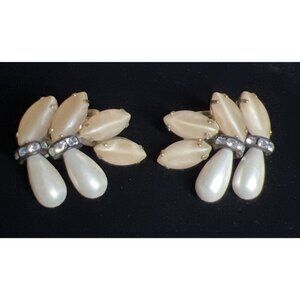 Vintage Signed Hobé Clip On Earrings Champagne Faux Pearl Rhinestones 1.25"